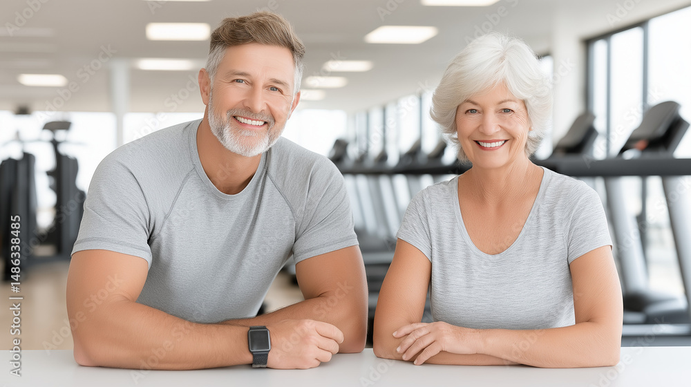 Fototapeta premium Smiling elderly couple posing at gym after fitness session 