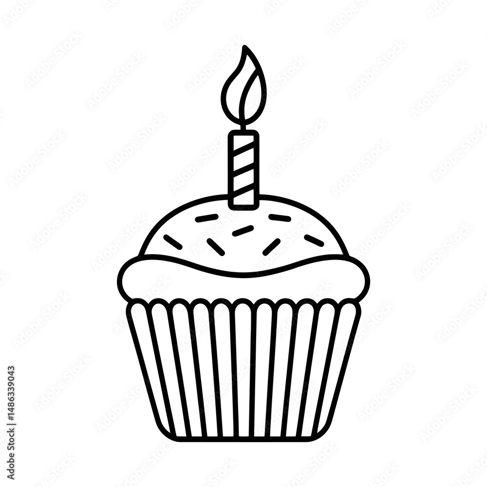 A simple black line drawing depicts a cupcake with a single lit candle on top. A simple black line drawing depicts a cupcake with a single lit candle on top.