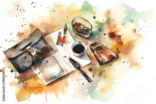 Watercolor Desk Coffee with Work, and Tools.