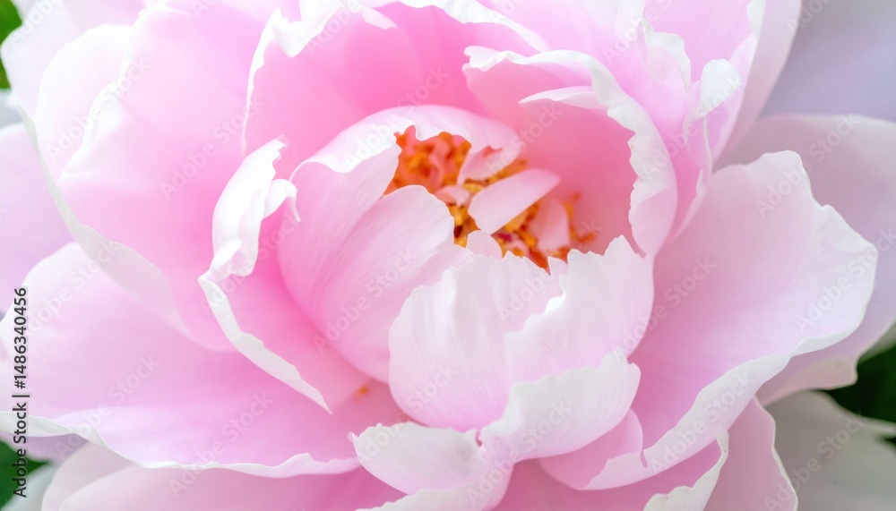 Macro of a blooming pink peony flower with delicate petals and a golden center Macro of a blooming pink peony flower with delicate petals and a golden center