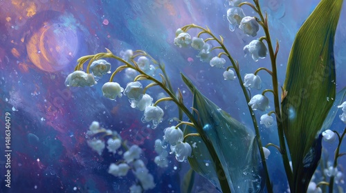A surreal composition of Lily of the Valley blossoms drifting softly against a celestial backdrop