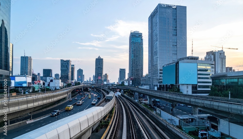 Fototapeta premium Cityscape with highways and elevated train tracks against a light sky