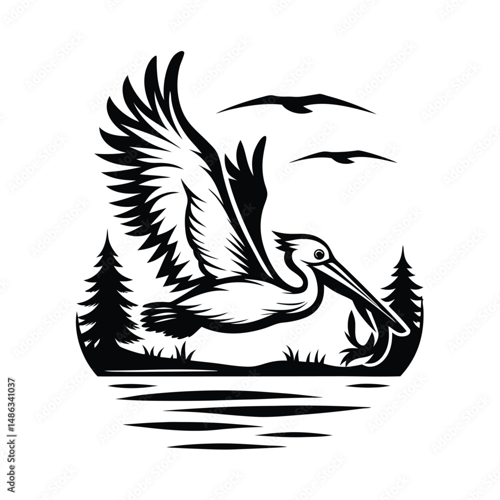 Fototapeta premium Minimalist Pelican in Flight with Water, Trees and Birds Silhouettes