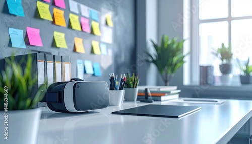 Wallpaper Mural Modern office desk with VR headset, tablet, plants, & sticky notes on the wall Torontodigital.ca