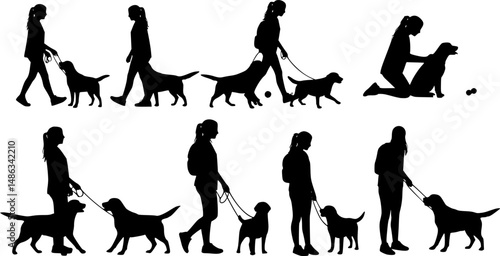 Set of vector silhouettes of girl with her dog on white background. Collection of Labrador Retriever.
