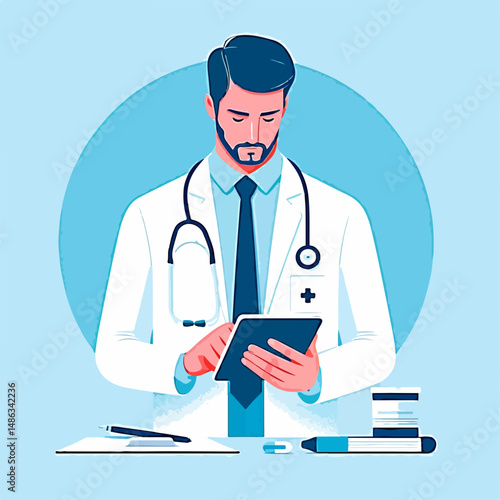 Isolated Vector Illustration of Doctor Using Digital Tablet