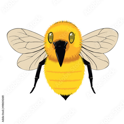 Vector sticker illustration of cute flying yellow bumblebee