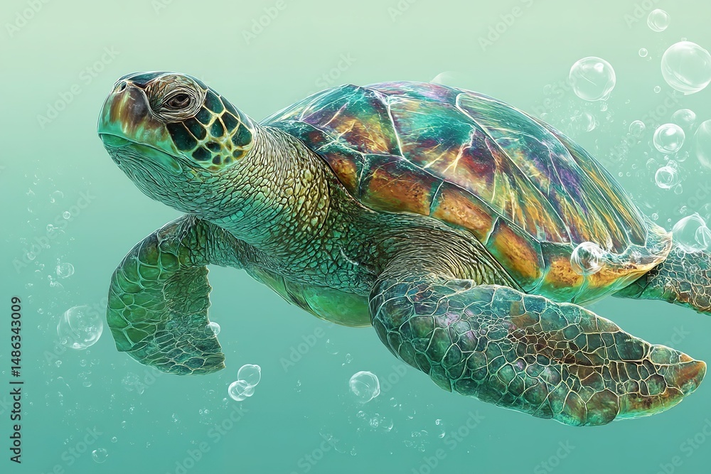 Fototapeta premium Colorful sea turtle swims gracefully in clear turquoise water surrounded by gentle bubbles