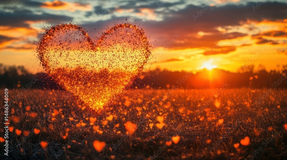 Fototapeta premium Heart-shaped fiery sunset over field