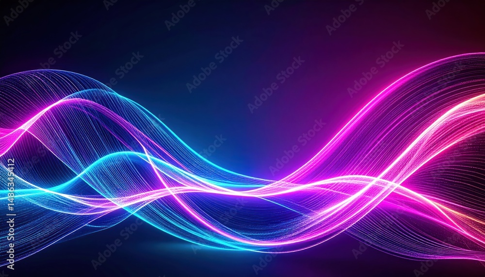 Naklejka premium Luminous pink and blue light waves cascade across a dark background