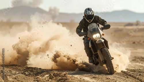 Motorcycle Rider Kicking Up Dust In Arid Desert Landscape Under Bright Sunlight