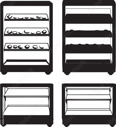 Bakery Display Cases Silhouette Set: Showcase Shelves, Black and White