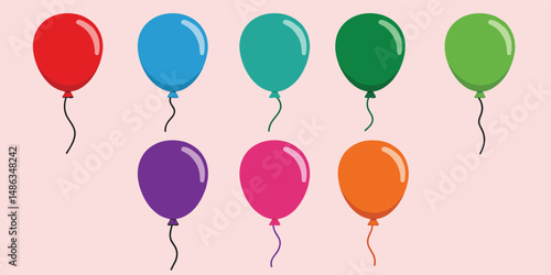 Bunch of Balloons flat vector illustration, flying ballon with rope for birthday, festive occasions, parties, weddings