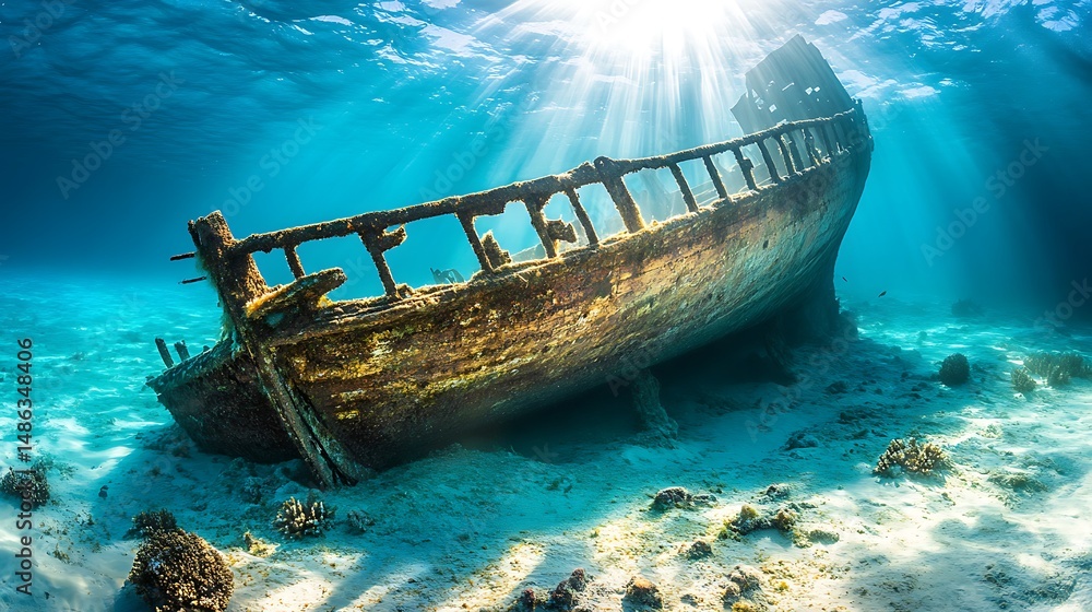 A sunlit shipwreck rests on the ocean floor, a glimpse of history under the serene underwater landscape. A sunlit shipwreck rests on the ocean floor, a glimpse of history under the serene underwater landscape.