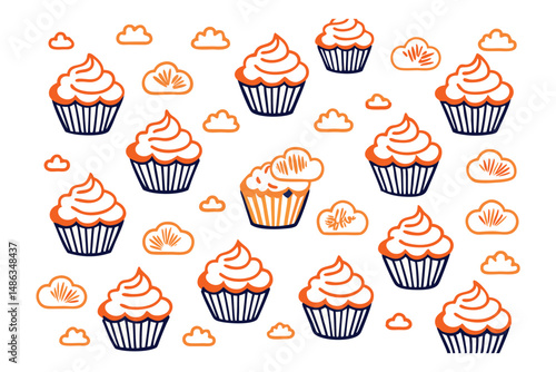 Cupcakes with cloud-piped frosting, sprinkled across a dreamy open field layout