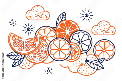 Oranges, lemons, and limes with puffy cloud shapes and soft round wedges
