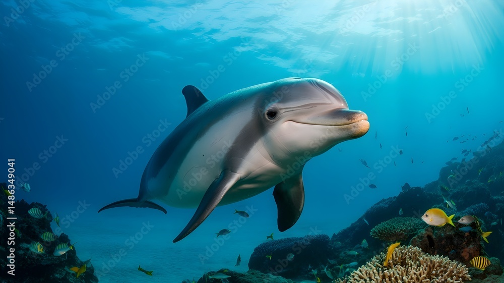 Obraz premium A playful dolphin swims through clear blue water. The dolphin has a grey and white body and is swimming with its head held high, appearing to look directly at the camera
