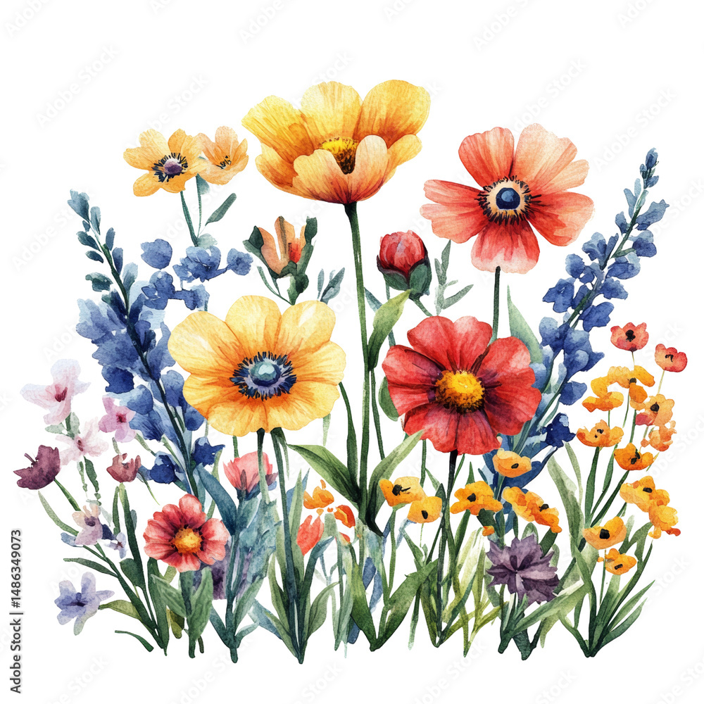 Fototapeta premium Vibrant watercolor illustration of various wildflowers, including poppies and daisies, full bloom. colorful arrangement features shades of yellow, red, blue, and orange, creating lively