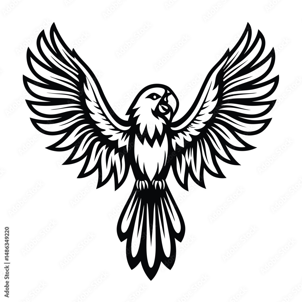Obraz premium Black and White Stylized Parrot with Spread Wings Isolated on a White Background