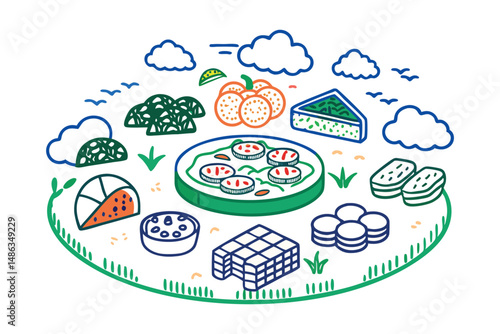 Round, floating food items arranged like a cloud-top picnic spread