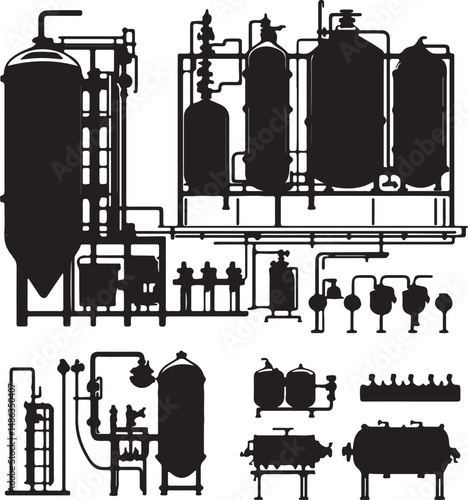 Brewery Equipment Silhouettes: Industrial Tanks and Pipelines