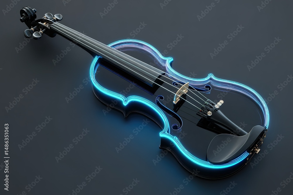 Obraz premium Innovative black violin illuminated with glowing blue lines on a dark background showcasing modern design and creativity