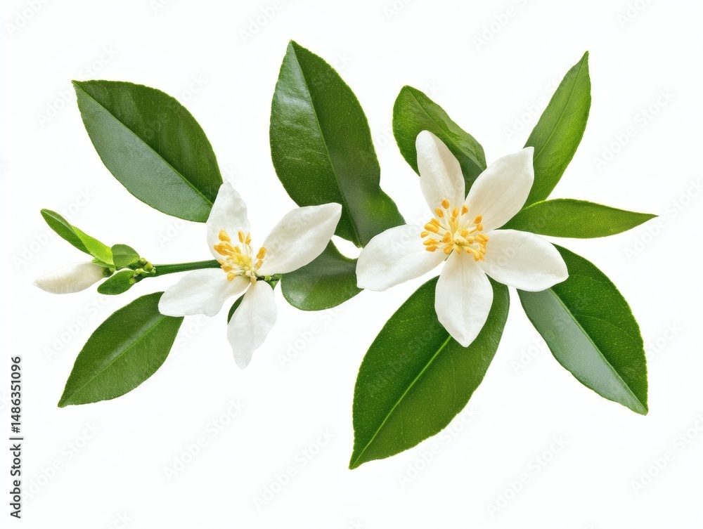 Obraz premium Orange blossom flower with white green leaves on a branch, isolated on a white background. Detailed close up with crisp focus texture. Perfect PNG transparent for botanical and nature themes.