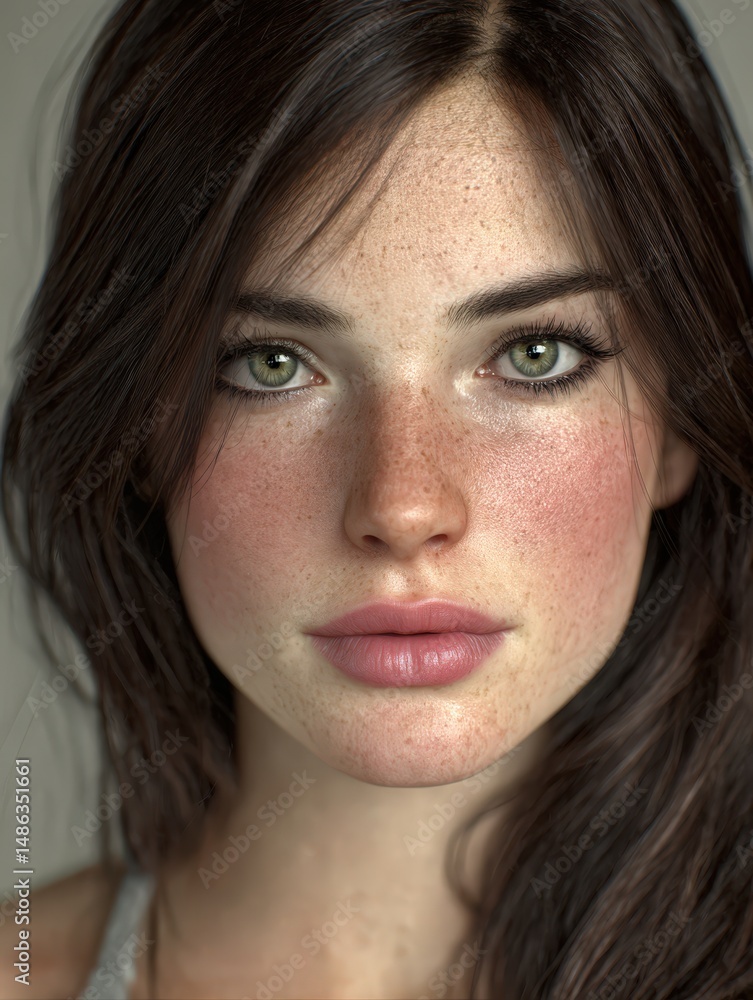 A captivating woman gazes directly at the viewer with long brown hair, highlighted cheeks, and vibrant green eyes, embodying a sense of confidence and allure in a serene setting A captivating woman gazes directly at the viewer with long brown hair, highlighted cheeks, and vibrant green eyes, embodying a sense of confidence and allure in a serene setting