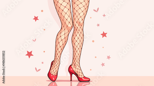 Woman's legs in fishnet stockings and red heels against a pink background  