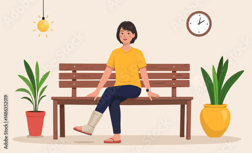 Young woman sitting on a bench indoors with plants around her  