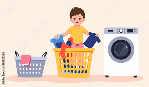 Young boy sorting laundry in colorful baskets by washing machine  