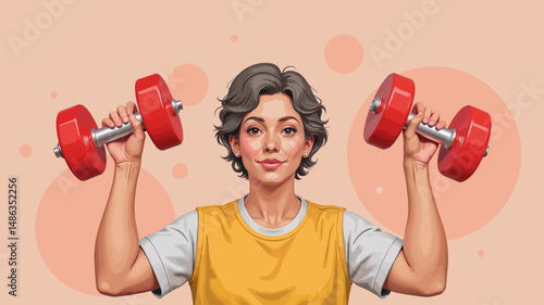 Young woman lifting red dumbbells in a colorful fitness illustration  