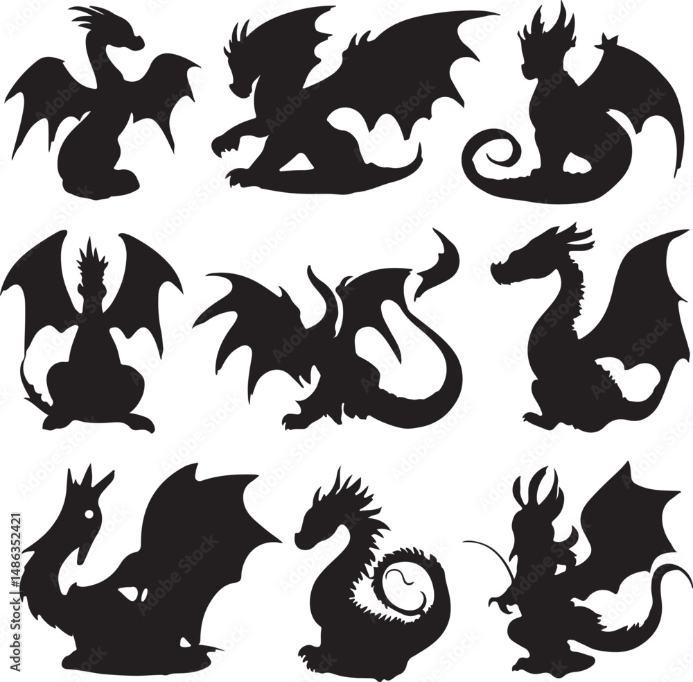 Naklejka premium Black Dragon Silhouettes: Fantasy Creatures, Winged Monsters, Art Design