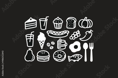 Chalkboard Food Graphics Burgers, Cakes, Fish & More Vector Illustration