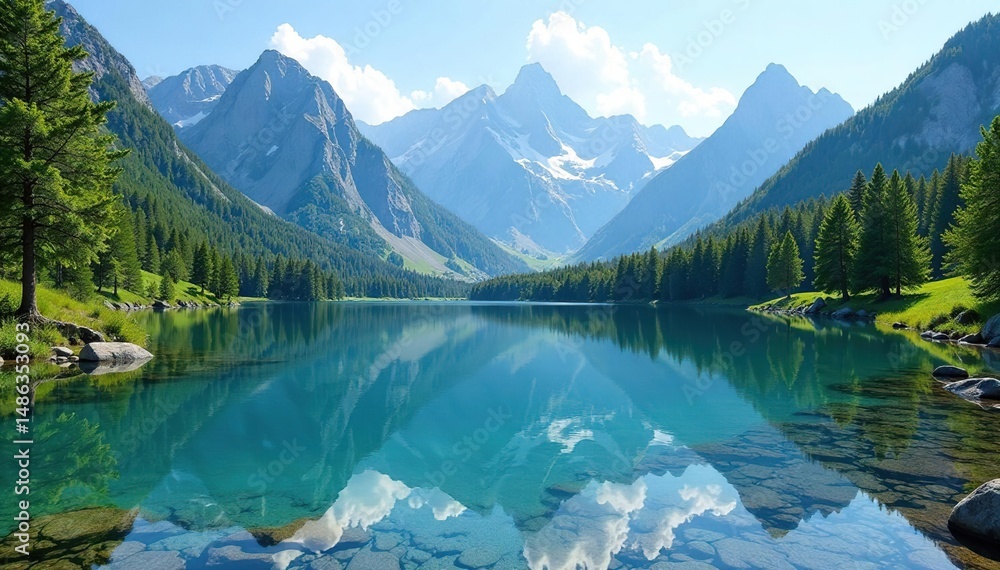 Naklejka premium Crystal clear alpine lake reflects majestic peaks, pristine, outdoor, ecology