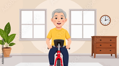 Elderly man smiling while exercising on stationary bike at home  