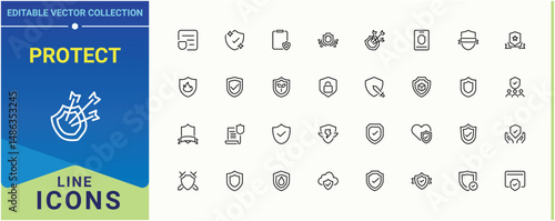 Protect icon set. Contains such symbols as privacy, guard, security, protection, lock, safety and more. Shield icon set. Perfect for logos and infographic. Pixel perfect. Vector illustration.