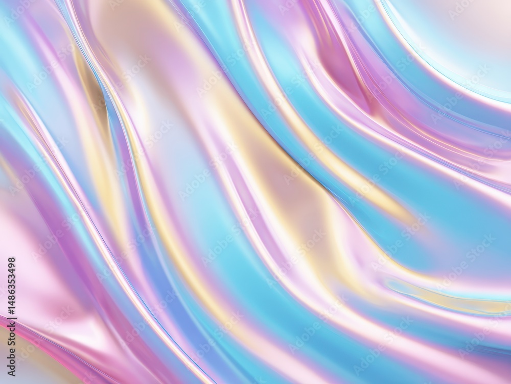 Obraz premium Abstract colorful wave pattern with soft pastel shades of blue, pink, and lavender flowing elegantly across a smooth surface, creating a serene visual effect.