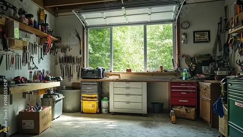 Bright and organized garage workshop with tools on shelves, a workbench, and natural light filtering in