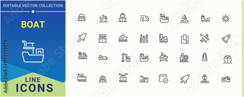 Boat vector line icon set. Featuring ping, yacht, nautical, vacation, transport, sailboat and more. Ship icon set. Minimalist icons pack. Vector illustration. Pixel perfect.