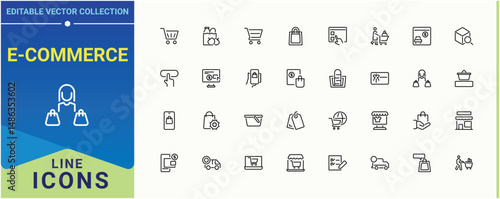 Set of E-Commerce line icon. Contains such icons as  bag, buy, coupon, bag, cart and more. Shopping icon set. Icons for application. Editable vector art.