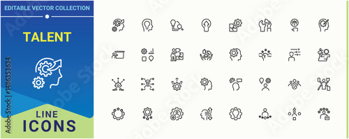 Talent linear icon collection. Includes thin line symbols ability, communication, intelligence, solving, knowledge and more. Skill line icon set. Minimal icons set. Editable stroke vector art.