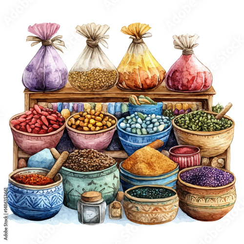 watercolor of Moroccan Bazaar With Colorful Spices And Textiles, vector high quality, isolated on a white background.