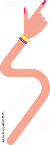 Curved graphic line, in the shape of a female arm with bracelets and hand with painted and large nails, changing direction and forming rounded corners, to point out elements of the graphic composition