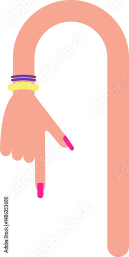Curved graphic line, in the shape of a female arm with bracelets and hand with painted and large nails, making a curve, returning and changing direction, to direct information in design