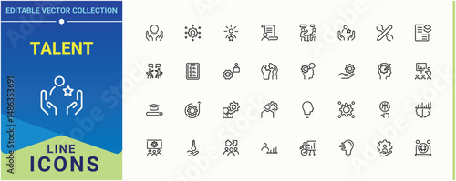 Talent icon set. Pack of knowledge, communication, solving, creativity, intelligence and more. Skill icon set. Icons for UI designs. Editable stroke. Vector illustration.