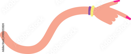 Wavy graphic line, in the shape of a female arm with bracelets and hand with painted and large nails, to point and indicate information