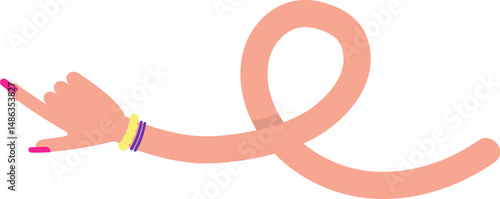 Sinuous graphite trace, resembling a female arm with bracelets and hand with painted and large nails, featuring a single, swirl.
