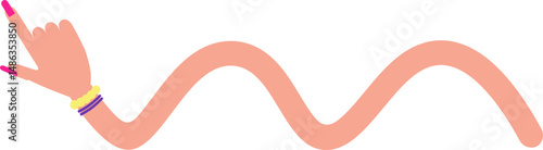 Wavy graphic line, in the shape of a female arm with bracelets and hand with painted and large nails, to point out information in the design