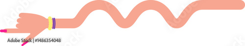 Graphic line with waves in the center and straight lines at the ends, in the shape of female arm with bracelets and hand with painted and large nails, to point out elements in the graphic composition